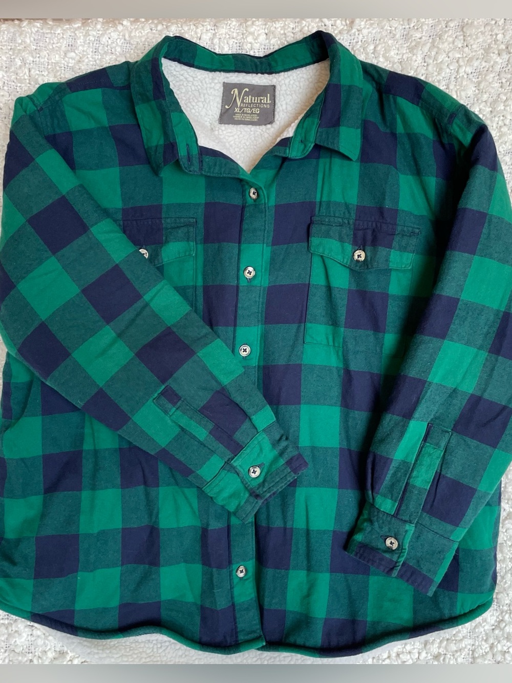 Natural Reflections Green and Navy Flannel Plaid Sherpa-lined Shacket Size XL